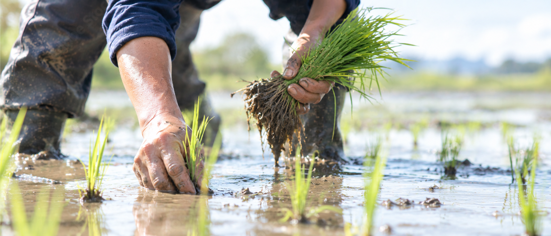 田んぼで稲の苗を植える生産者